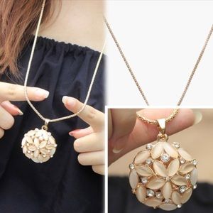 Opal rhinestone flower pendant long chain necklace